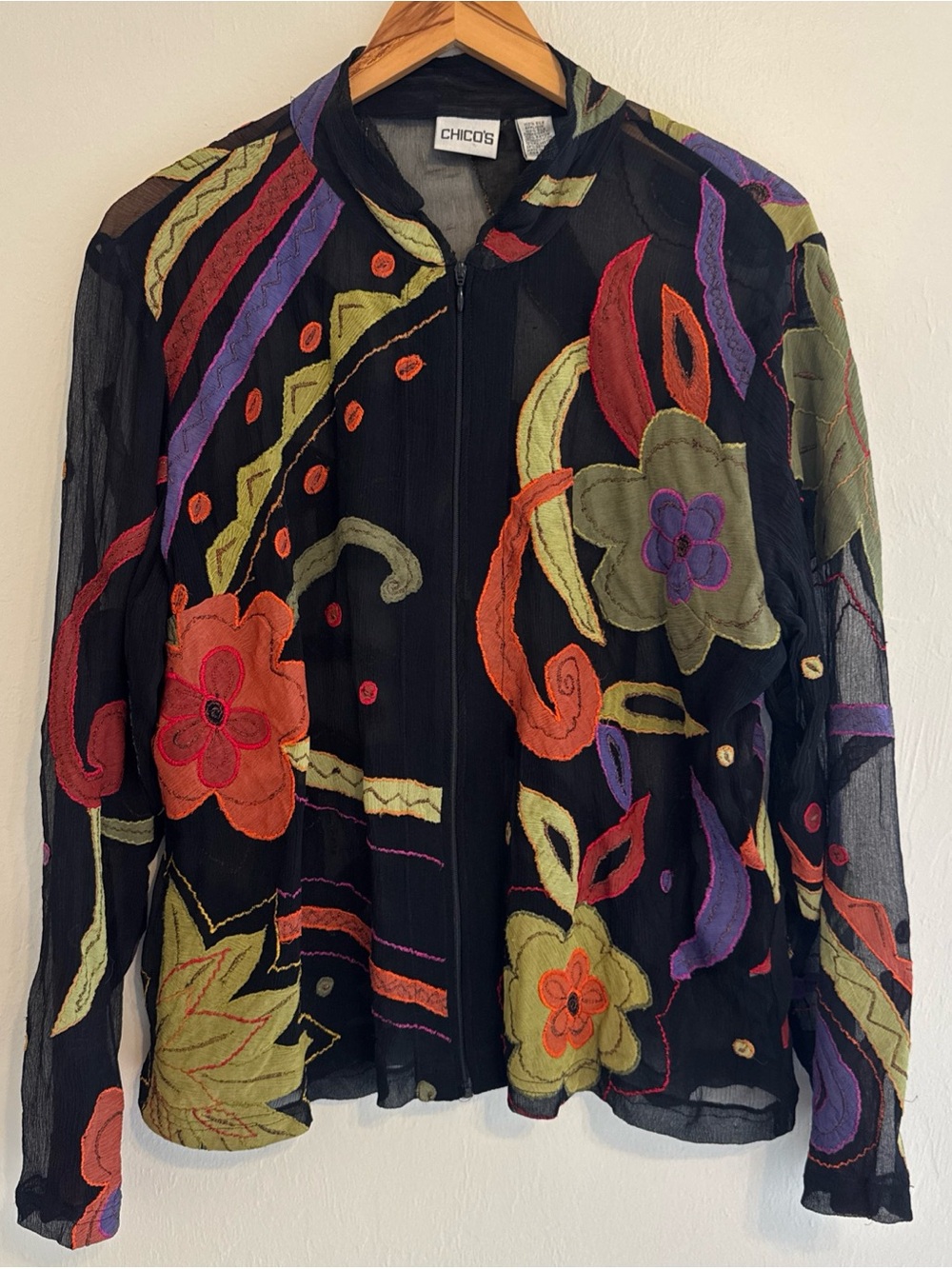 CHICOS 100% Silk Full Zip Cardigan Jacket Blouse Vibrant Floral Color Sz 2 Large